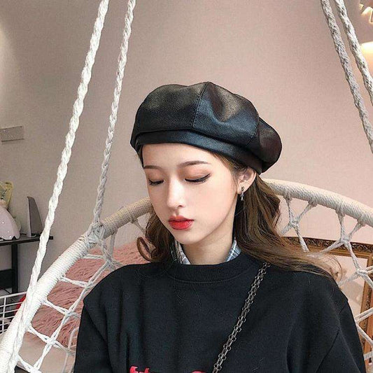 Solid Color PU Beret Hat for painter girls Fashion Leather design