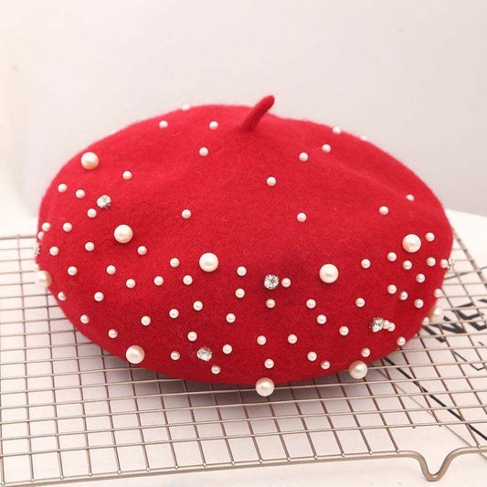 Women Knitted Beaded Luxury Beret with Pearls Fashion