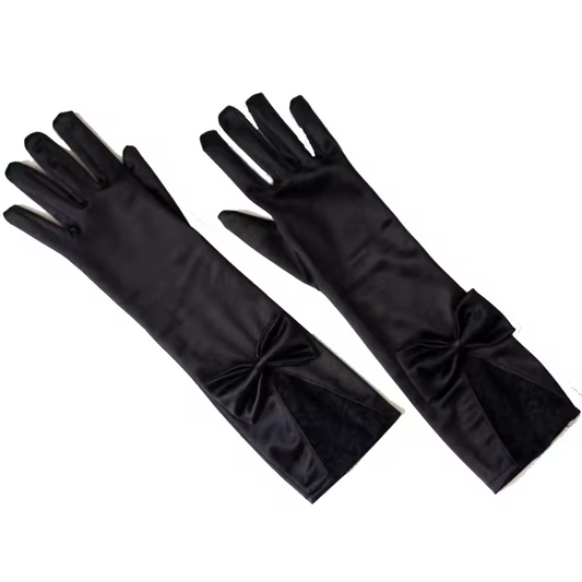 Bow Lace Satin Gloves Dance Performance Black Satin Fabric